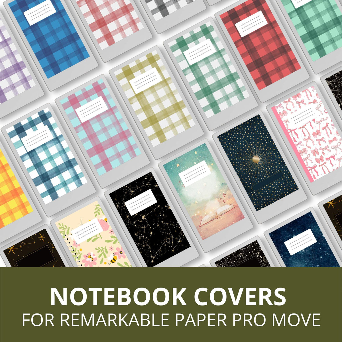 Mixed Pattern Notebook Cover Bundle for reMarkable Paper Pro Move: Digital Covers With Plaid, Celestial, and Whimsical Designs
