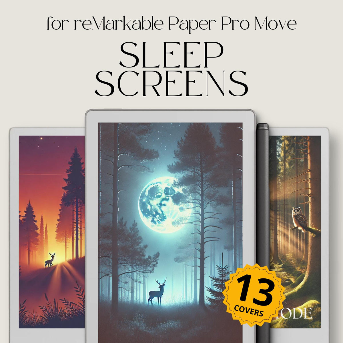 Collection of 13 nature-inspired sleep screens for reMarkable Paper Pro Move, featuring forests and mountains, with two versions per design and high-resolution PNG files.