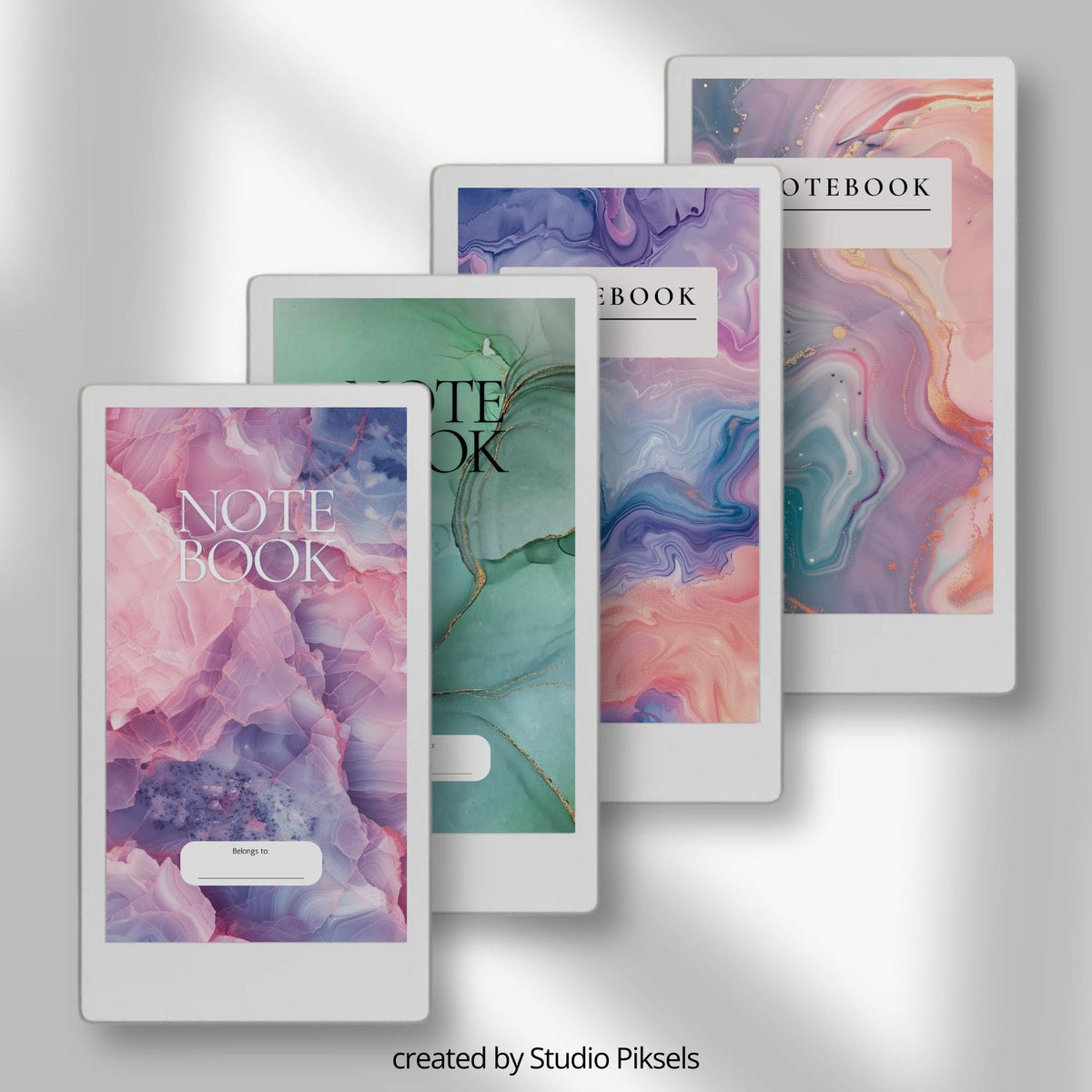 Gemstone notebook cover bundle for the reMarkable Paper Pro Move featuring 24 mineral stone digital covers, crystal textures, and library organization styles.