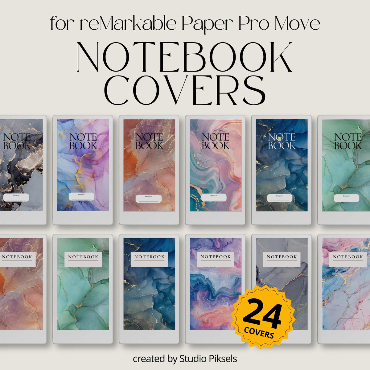 Gemstone notebook cover bundle for the reMarkable Paper Pro Move featuring 24 mineral stone digital covers, crystal textures, and library organization styles.
