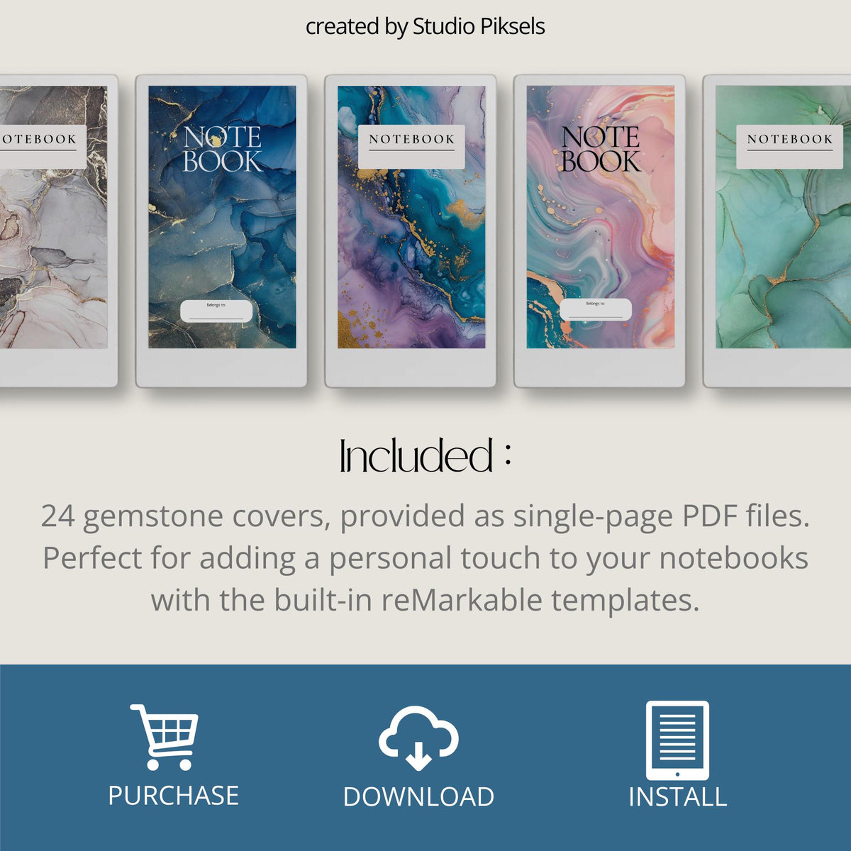 Gemstone notebook cover bundle for the reMarkable Paper Pro Move featuring 24 mineral stone digital covers, crystal textures, and library organization styles.