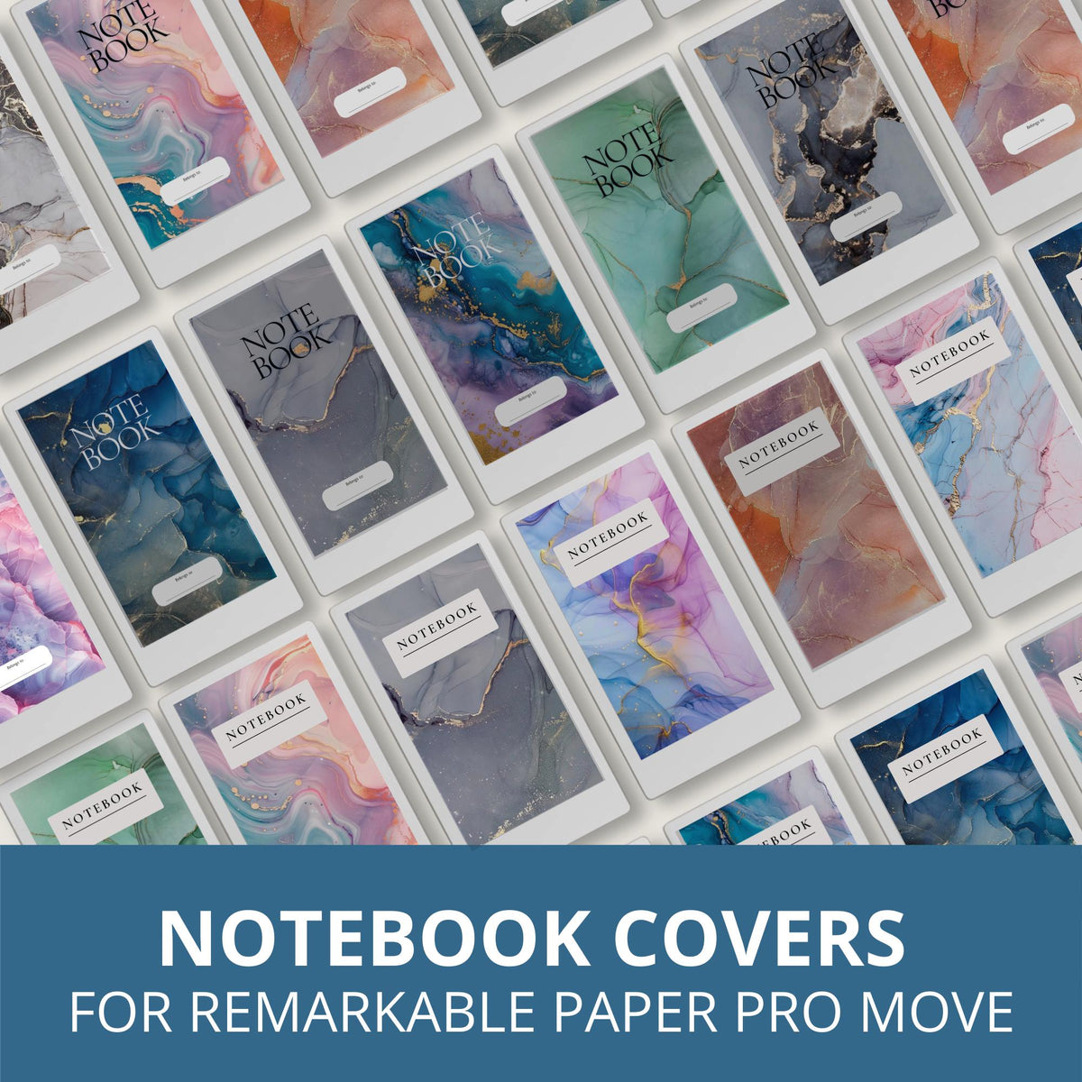 Gemstone notebook cover bundle for the reMarkable Paper Pro Move featuring 24 mineral stone digital covers, crystal textures, and library organization styles.