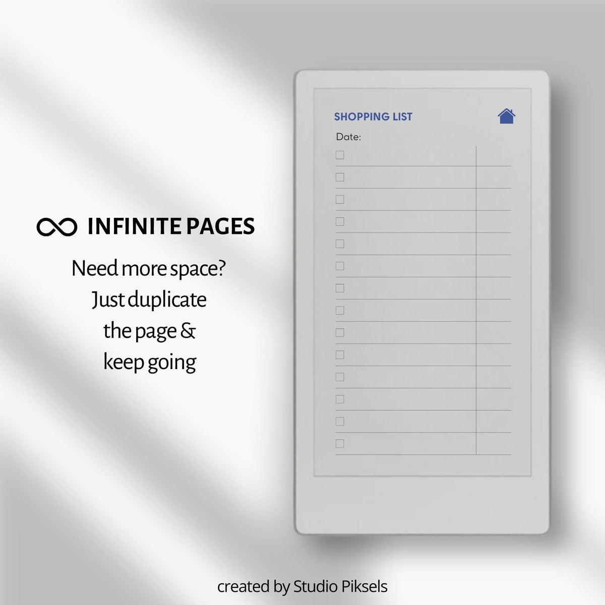 Hyperlinked shopping list template for reMarkable Paper Pro Move with customizable grocery sections and digital checklist navigation