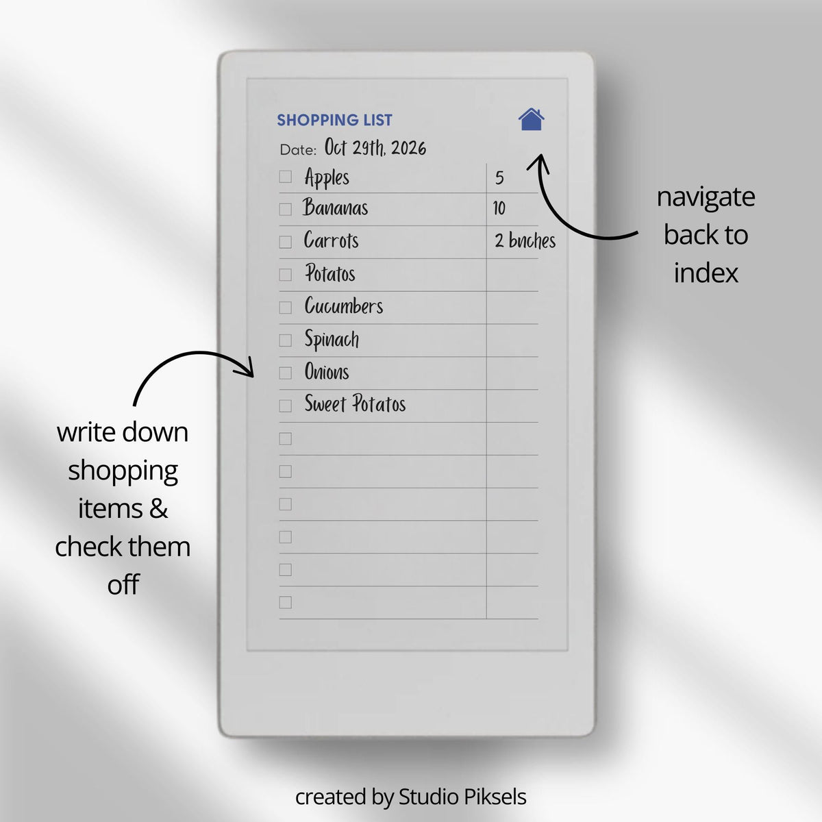 Hyperlinked shopping list template for reMarkable Paper Pro Move with customizable grocery sections and digital checklist navigation