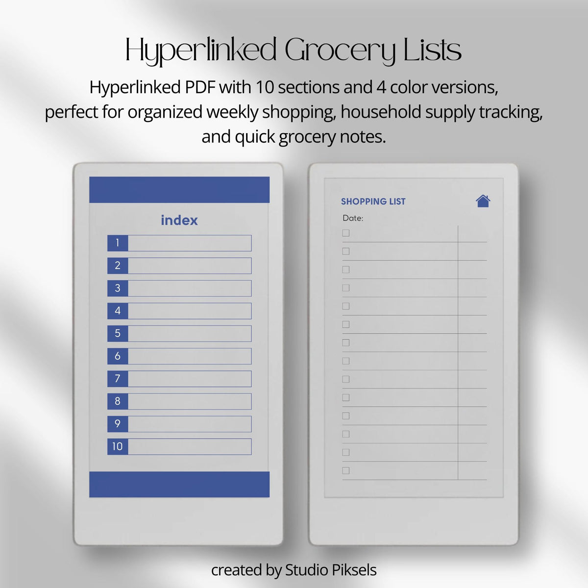 Hyperlinked shopping list template for reMarkable Paper Pro Move with customizable grocery sections and digital checklist navigation