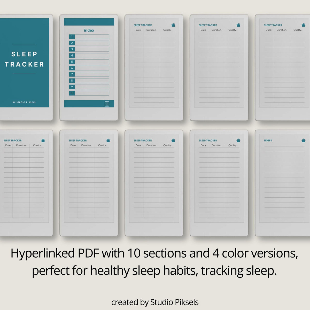 Hyperlinked sleep tracker for reMarkable Paper Pro Move featuring customizable sections, sleep quality tracking layouts, notes pages, and four color digital notebook versions.