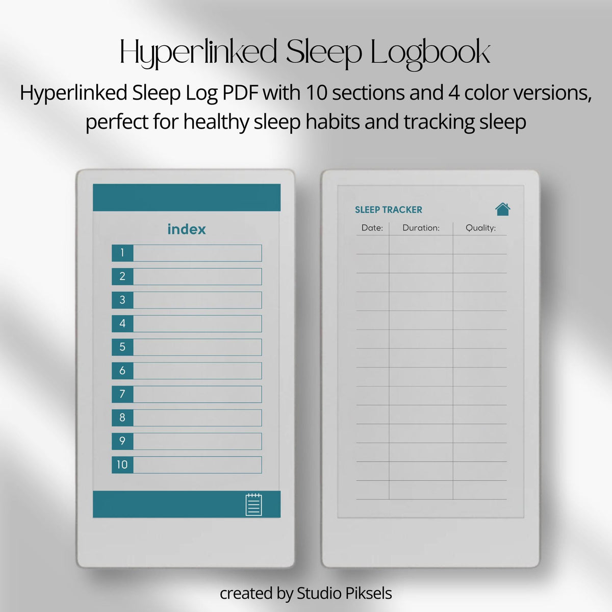 Hyperlinked sleep tracker for reMarkable Paper Pro Move featuring customizable sections, sleep quality tracking layouts, notes pages, and four color digital notebook versions.