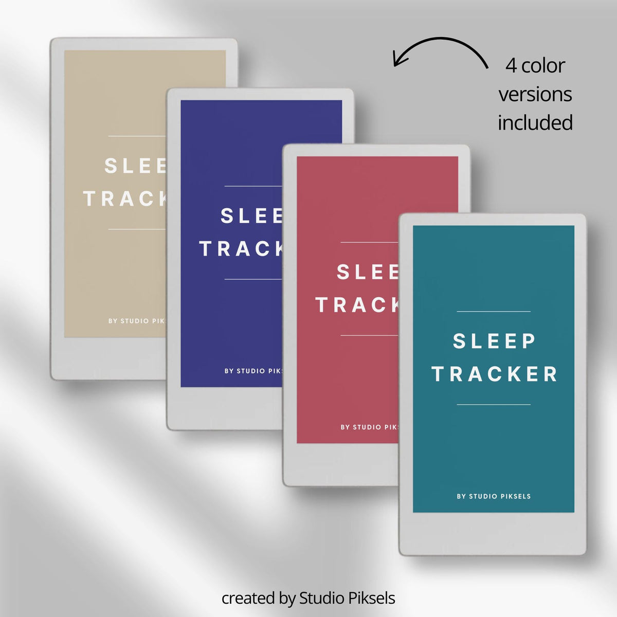Hyperlinked sleep tracker for reMarkable Paper Pro Move featuring customizable sections, sleep quality tracking layouts, notes pages, and four color digital notebook versions.