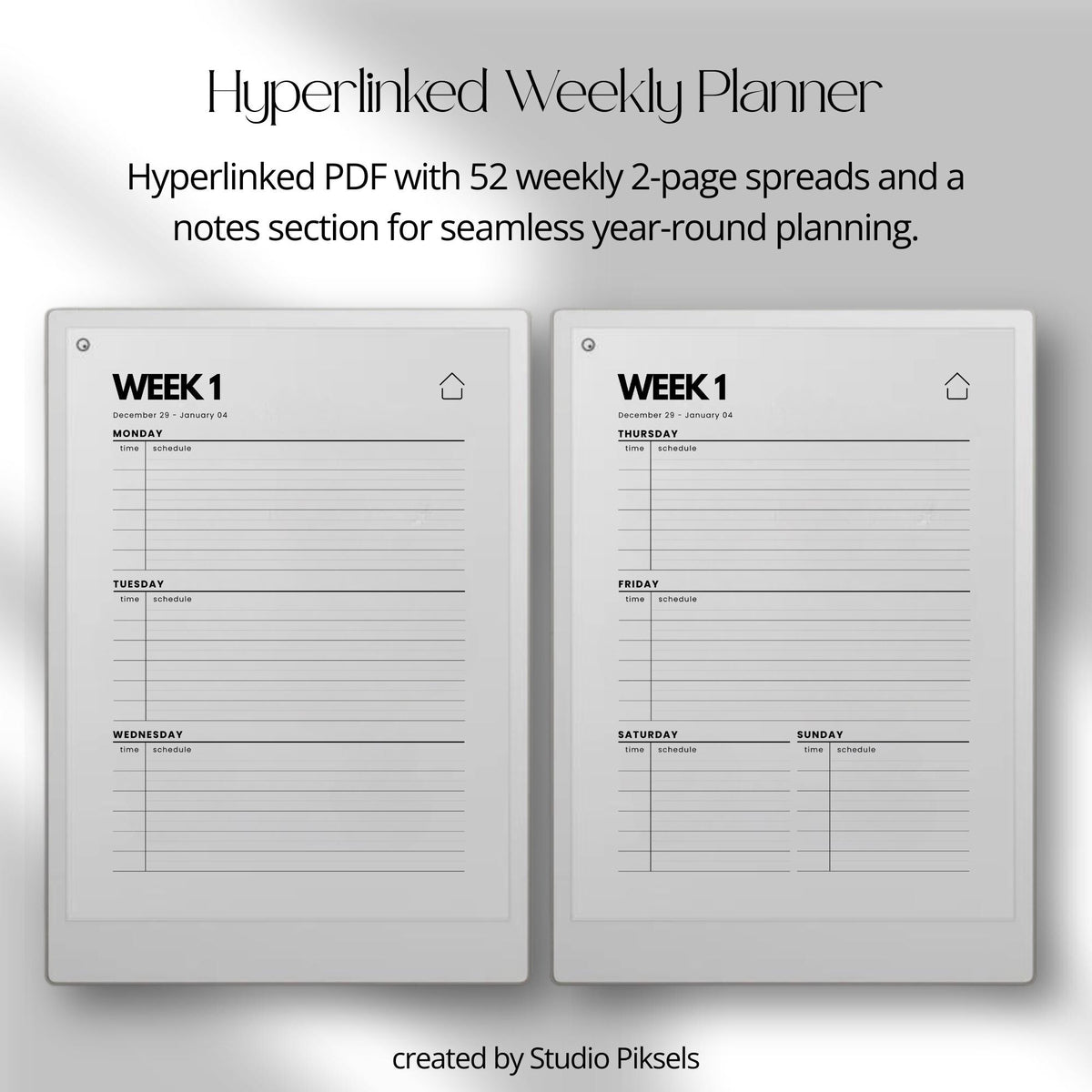 2026 2027 Weekly Planner for reMarkable Paper Pro featuring four hyperlinked digital PDF planners with quarterly and 52-week index versions, 53 dated weekly spreads per year, two-page Monday through Sunday weekly layouts, linked notes section, duplicate-ready note pages, and a flexible time blocking format.