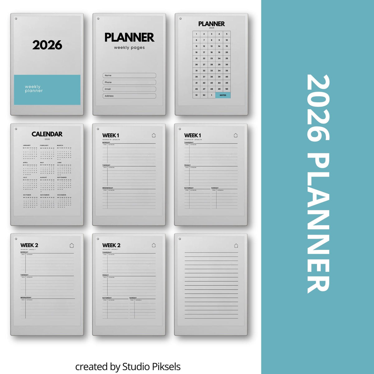 2026 2027 Weekly Planner for reMarkable Paper Pro featuring four hyperlinked digital PDF planners with quarterly and 52-week index versions, 53 dated weekly spreads per year, two-page Monday through Sunday weekly layouts, linked notes section, duplicate-ready note pages, and a flexible time blocking format.