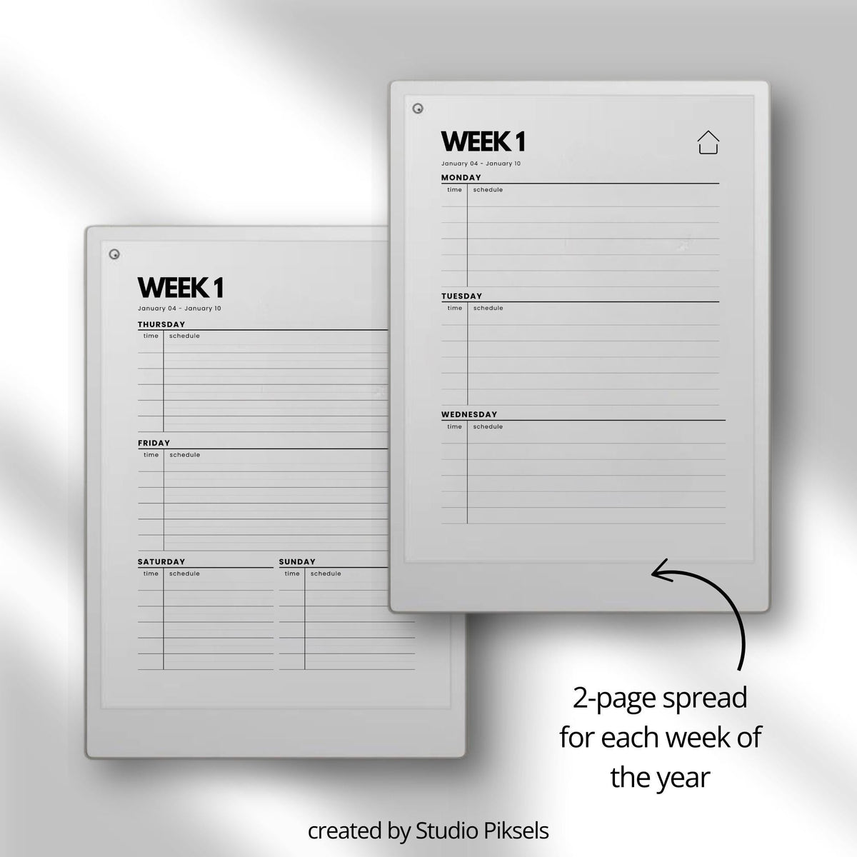2026 2027 Weekly Planner for reMarkable Paper Pro featuring four hyperlinked digital PDF planners with quarterly and 52-week index versions, 53 dated weekly spreads per year, two-page Monday through Sunday weekly layouts, linked notes section, duplicate-ready note pages, and a flexible time blocking format.