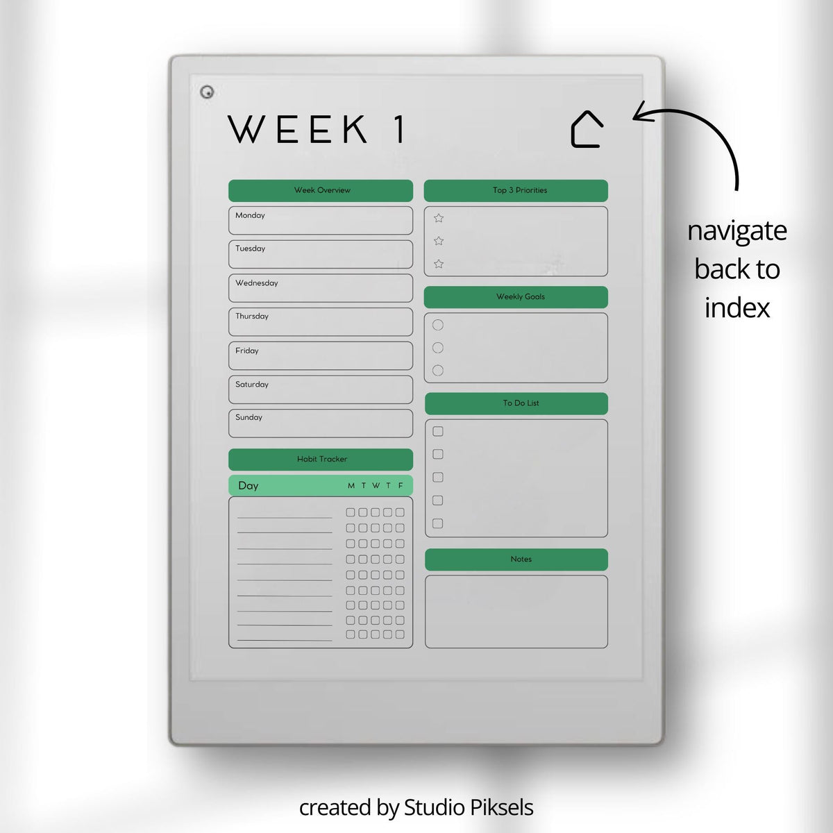 Task Tracker bundle for reMarkable Paper Pro with hyperlinked 52-week weekly planner pages, structured task management layouts, priority planning sections, goal tracking, habit tracking, to-do lists, and minimalist digital planner design optimized for distraction-free weekly organization.