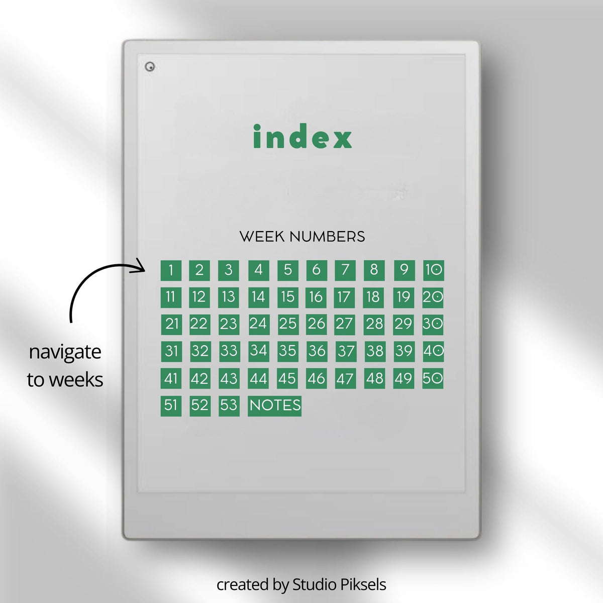 Task Tracker bundle for reMarkable Paper Pro with hyperlinked 52-week weekly planner pages, structured task management layouts, priority planning sections, goal tracking, habit tracking, to-do lists, and minimalist digital planner design optimized for distraction-free weekly organization.