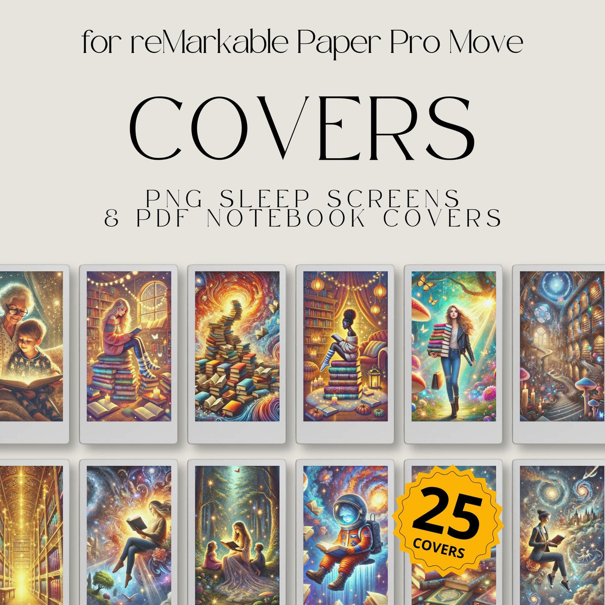 Magical book lovers cover bundle for the reMarkable Paper Pro Move featuring 25 library and reading digital designs in PNG sleep screen and PDF notebook cover formats.