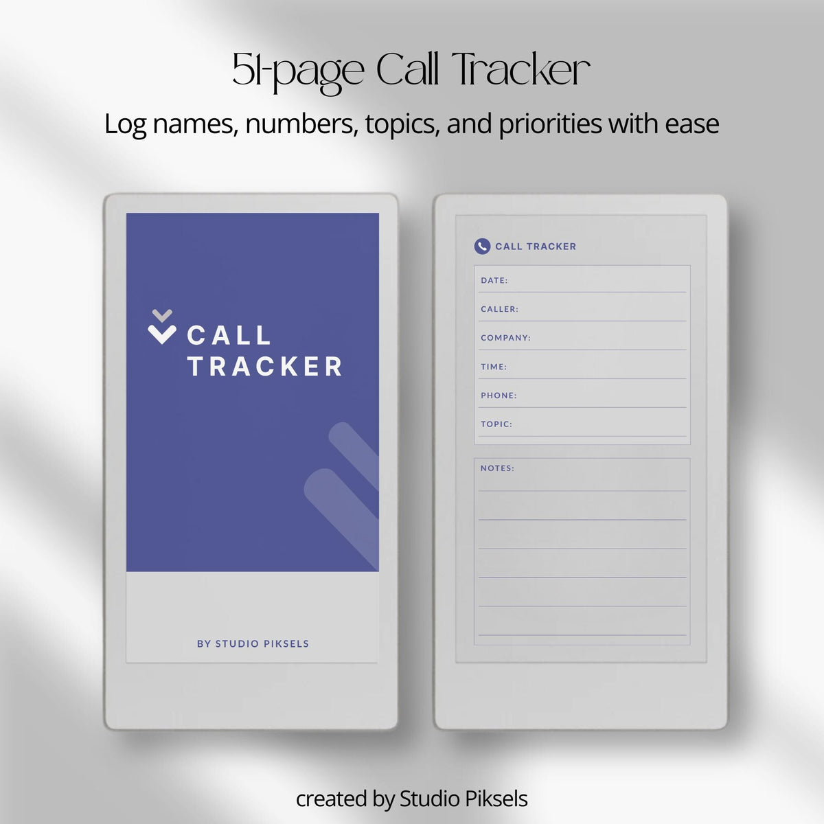 Digital Call Tracker for reMarkable Paper Pro Move featuring structured call log pages with sections for caller details, phone numbers, topics, and notes.