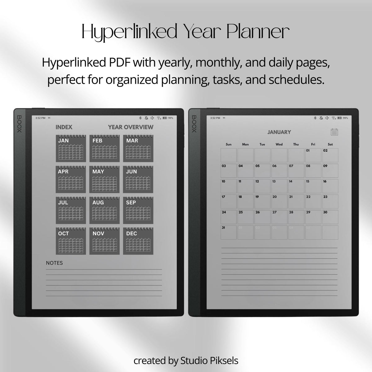 2026 and 2027 hyperlinked digital planners for BOOX devices with daily schedules and monthly calendar layouts