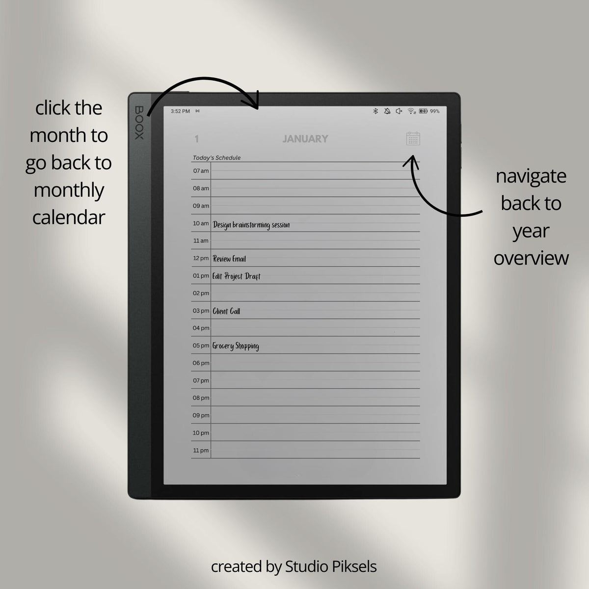 2026 and 2027 hyperlinked digital planners for BOOX devices with daily schedules and monthly calendar layouts