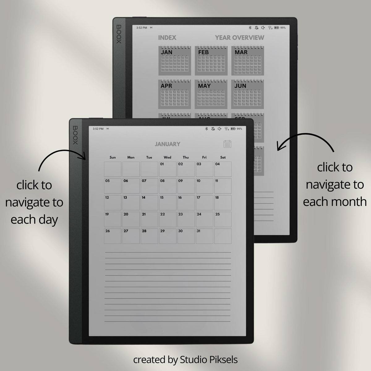 2026 and 2027 hyperlinked digital planners for BOOX devices with daily schedules and monthly calendar layouts