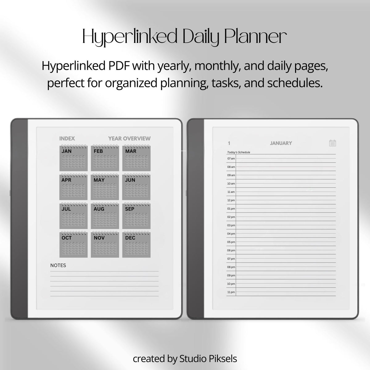 2026 and 2027 hyperlinked daily planners for Kindle Scribe with hourly schedules and monthly calendar layouts