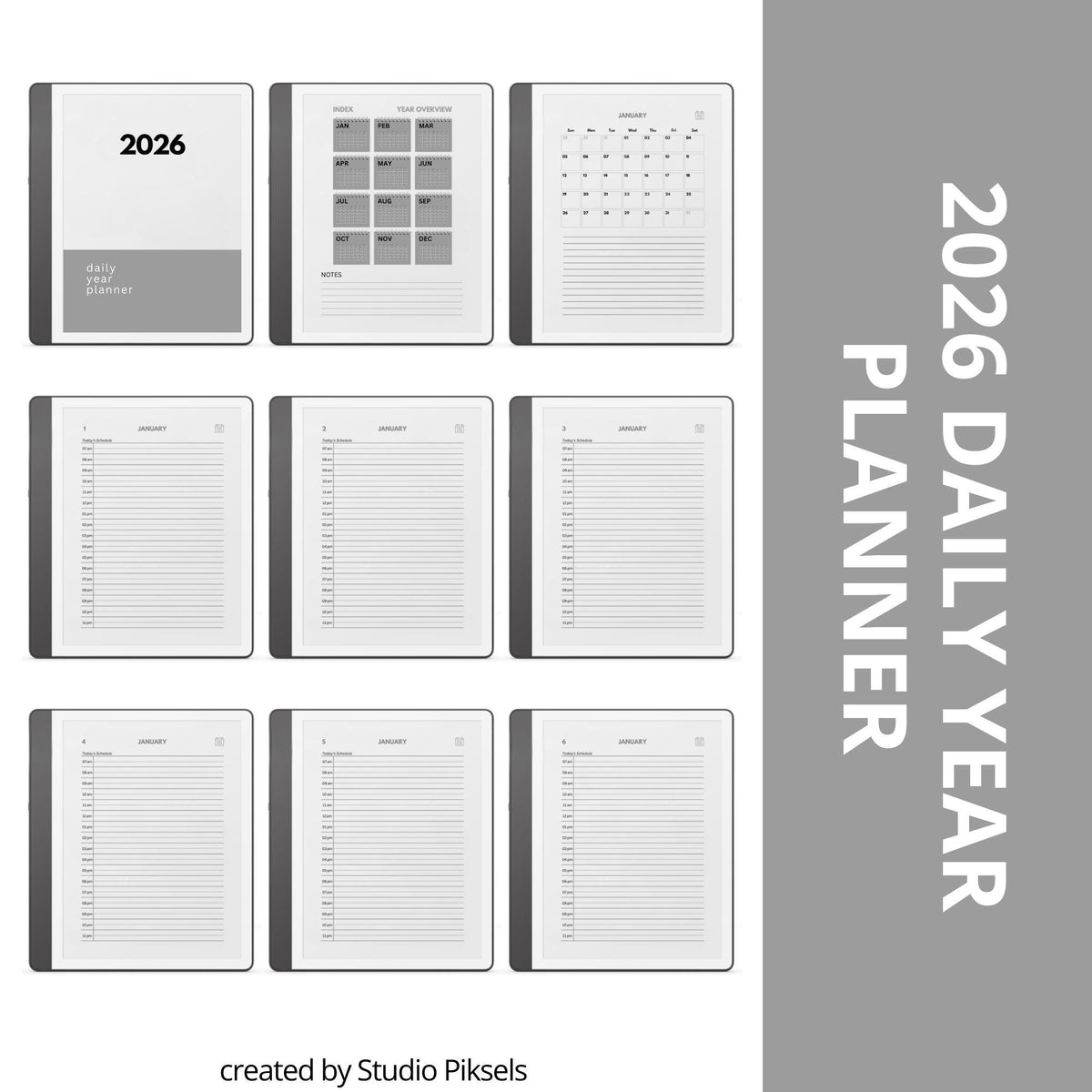 2026 and 2027 hyperlinked daily planners for Kindle Scribe with hourly schedules and monthly calendar layouts