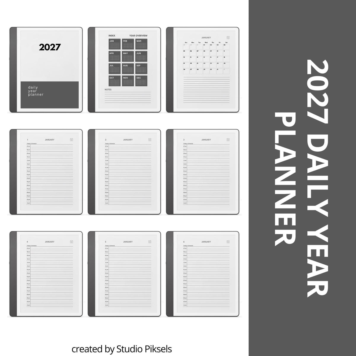 2026 and 2027 hyperlinked daily planners for Kindle Scribe with hourly schedules and monthly calendar layouts