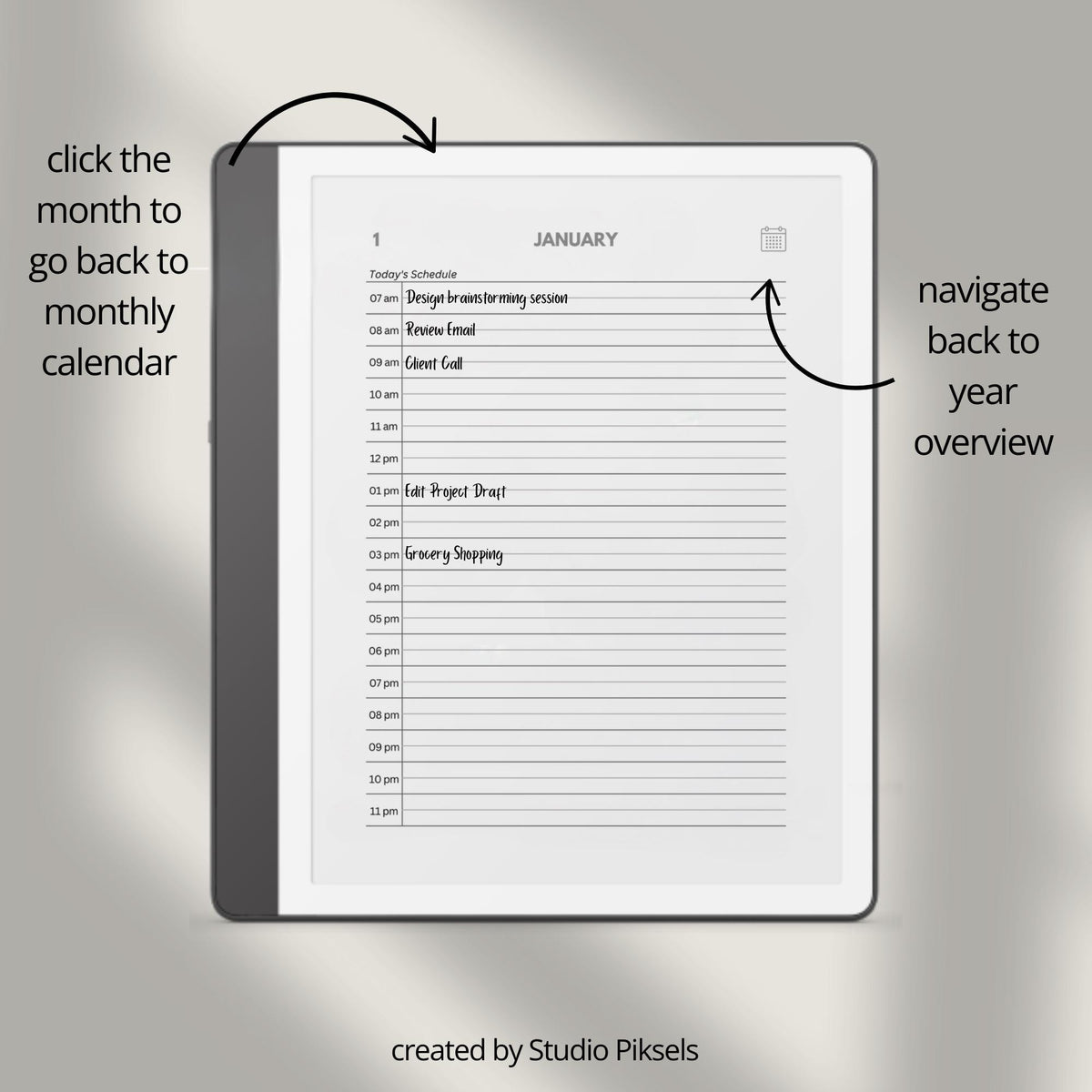 2026 and 2027 hyperlinked daily planners for Kindle Scribe with hourly schedules and monthly calendar layouts
