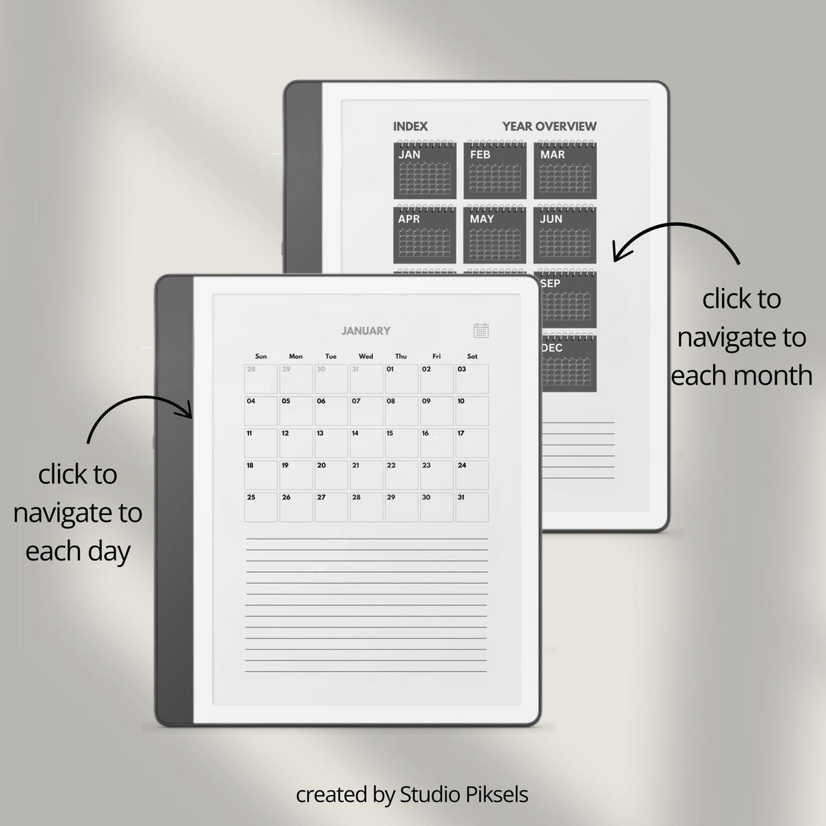 2026 and 2027 hyperlinked daily planners for Kindle Scribe with hourly schedules and monthly calendar layouts