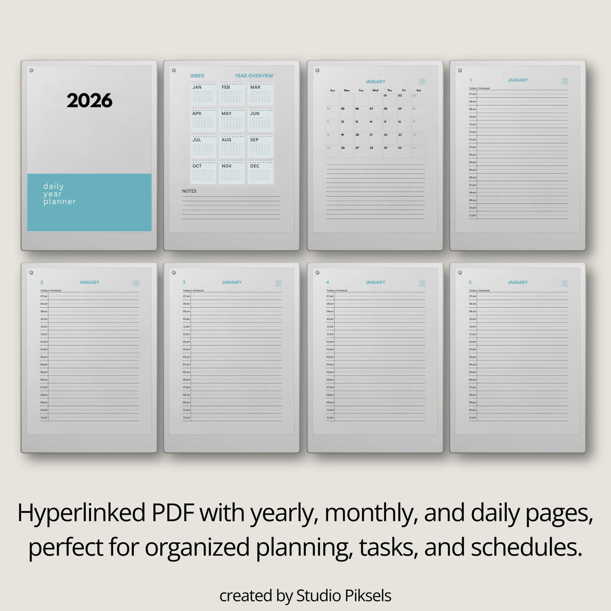 2-Year Hyperlinked Planner Bundle for reMarkable Paper Pro with daily hourly schedules, monthly calendars, and yearly planning pages for 2026 and 2027