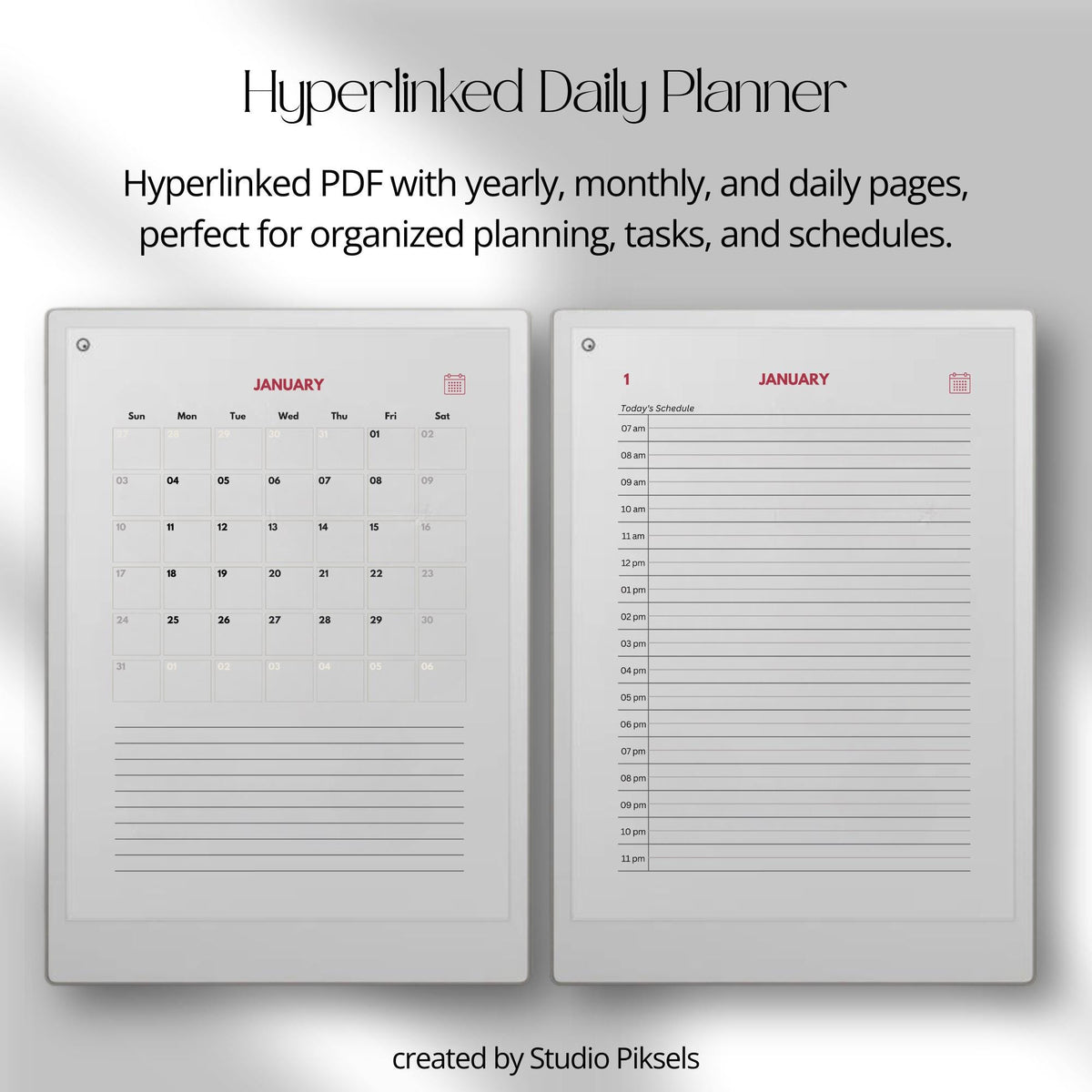 2-Year Hyperlinked Planner Bundle for reMarkable Paper Pro with daily hourly schedules, monthly calendars, and yearly planning pages for 2026 and 2027
