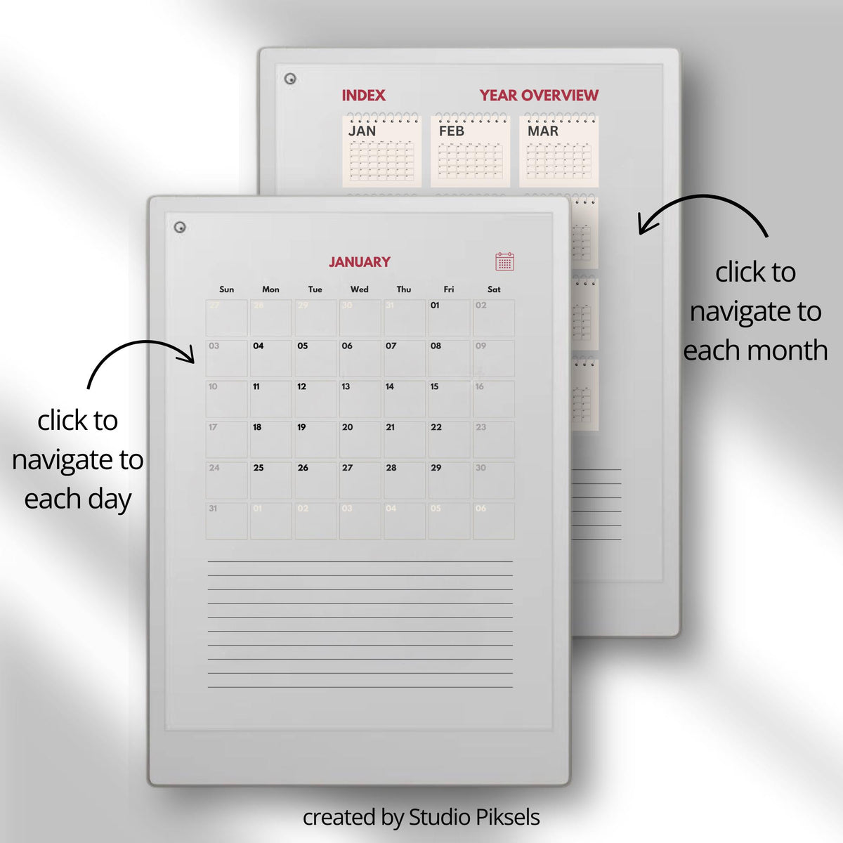 2-Year Hyperlinked Planner Bundle for reMarkable Paper Pro with daily hourly schedules, monthly calendars, and yearly planning pages for 2026 and 2027