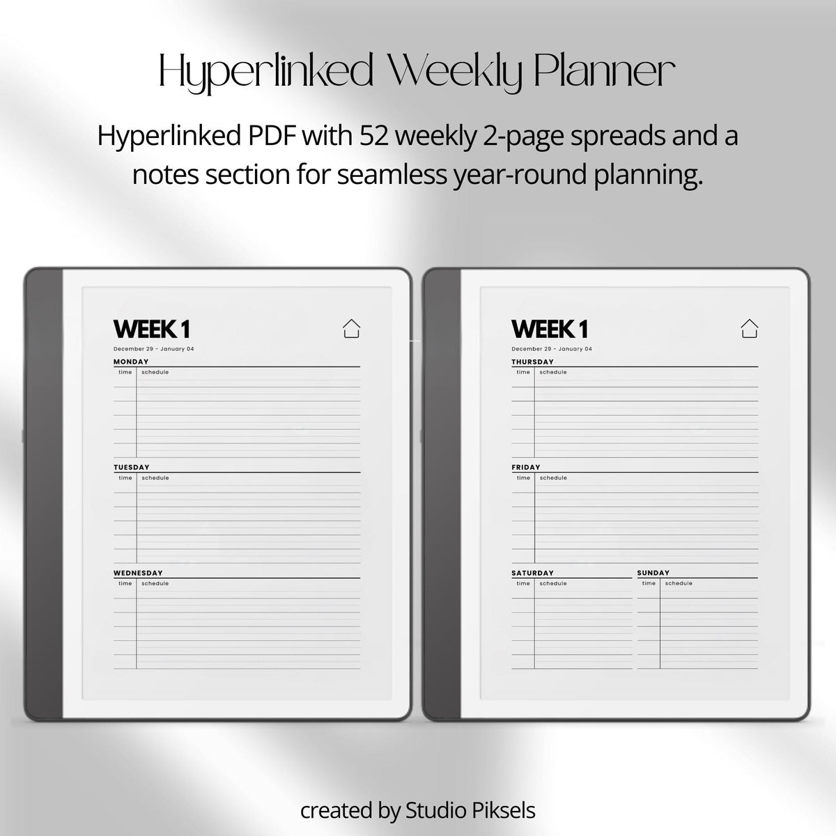 2-Year Hyperlinked Weekly Planner Bundle for Kindle Scribe with 2026 and 2027 weekly spreads, linked indexes, and digital planning layouts.