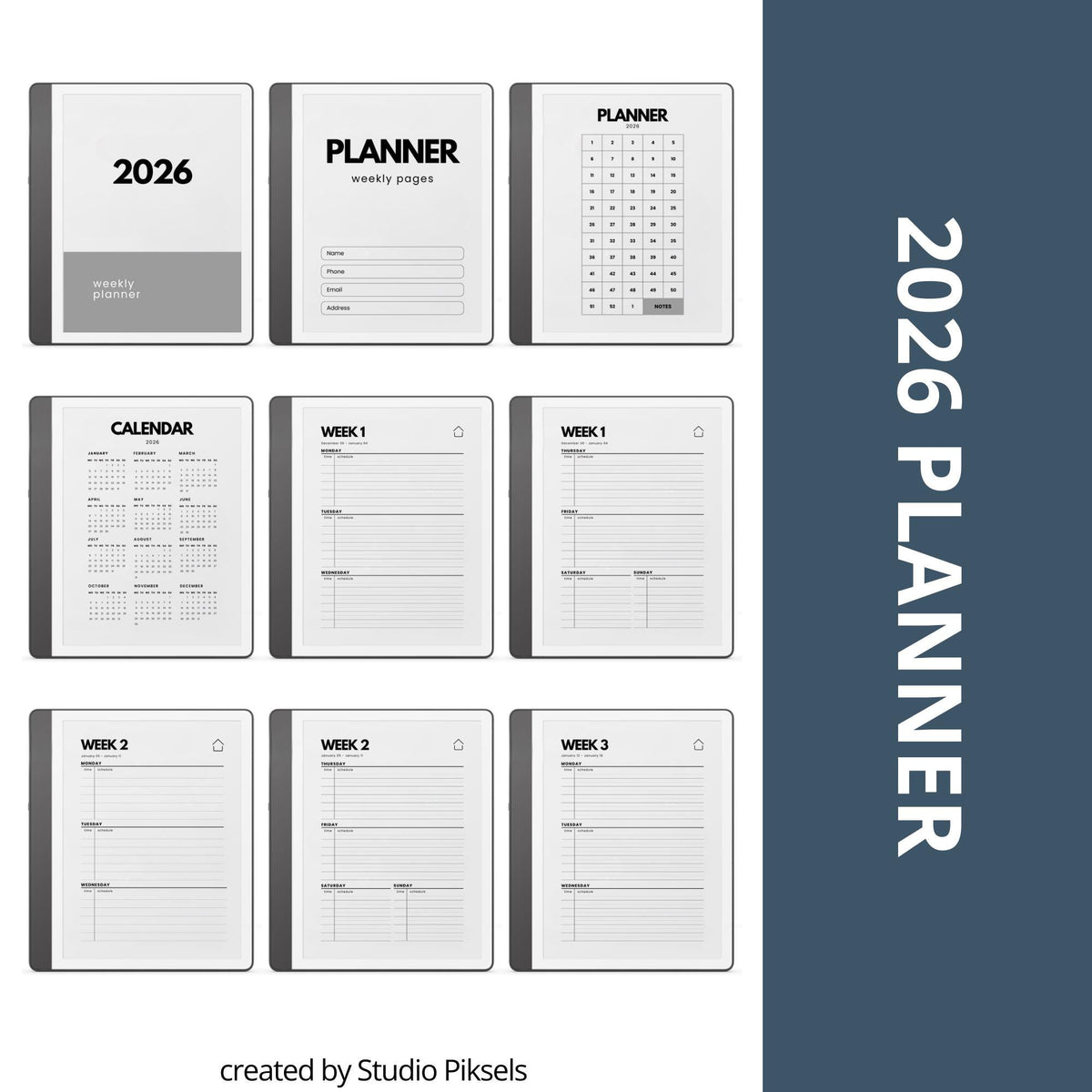 2-Year Hyperlinked Weekly Planner Bundle for Kindle Scribe with 2026 and 2027 weekly spreads, linked indexes, and digital planning layouts.