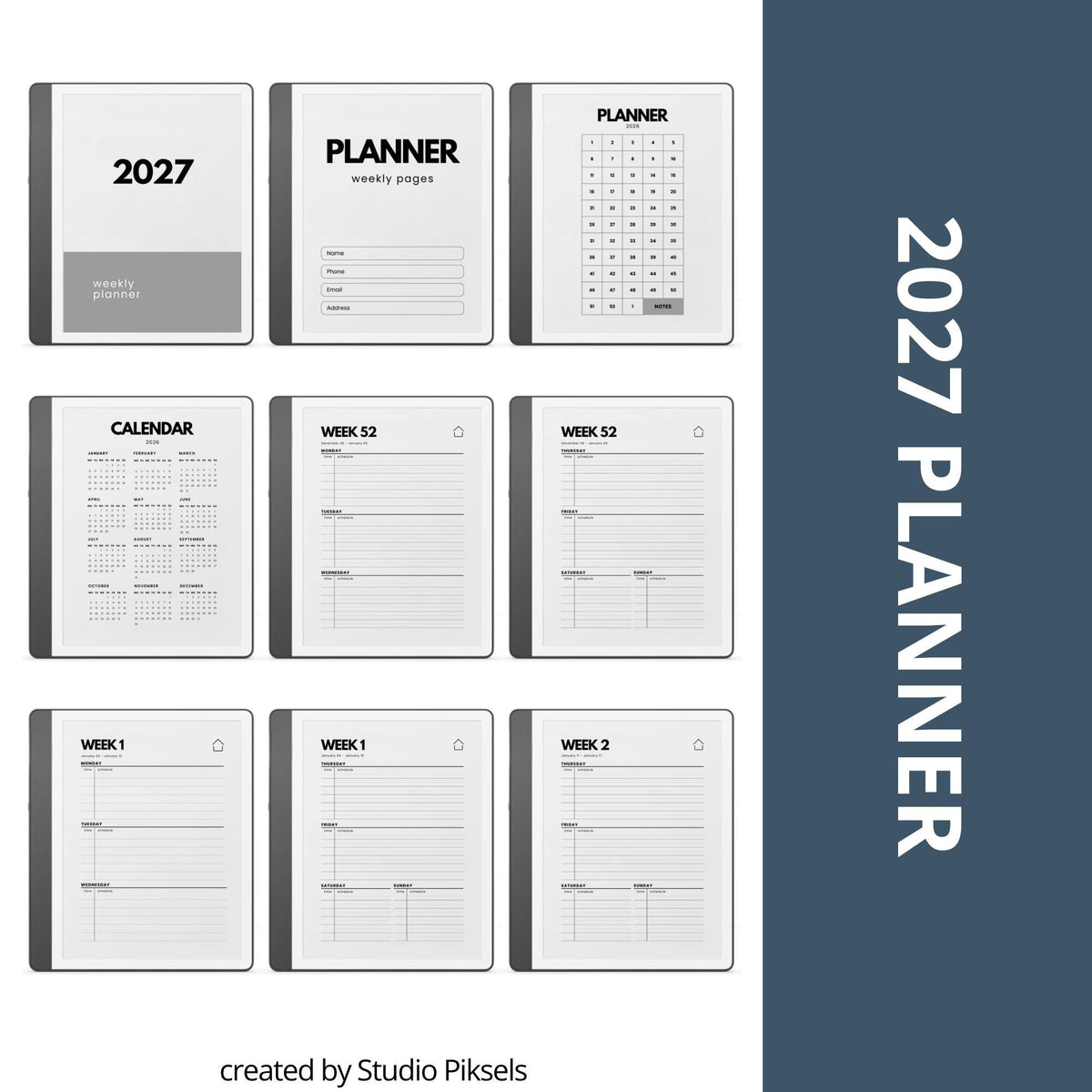 2-Year Hyperlinked Weekly Planner Bundle for Kindle Scribe with 2026 and 2027 weekly spreads, linked indexes, and digital planning layouts.