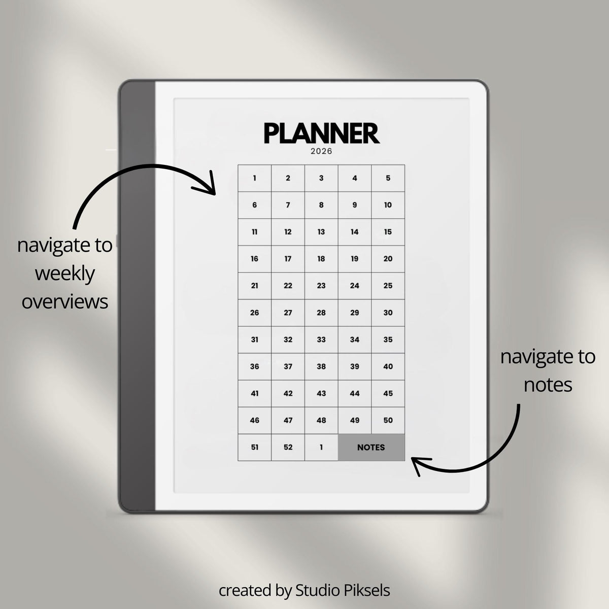 2-Year Hyperlinked Weekly Planner Bundle for Kindle Scribe with 2026 and 2027 weekly spreads, linked indexes, and digital planning layouts.