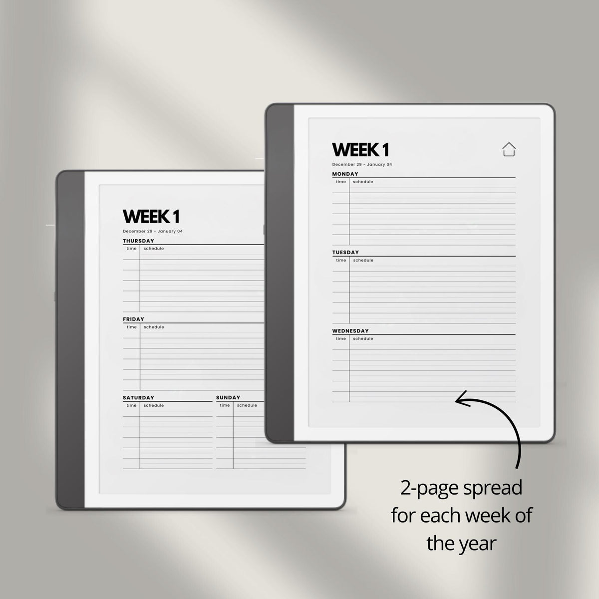 2-Year Hyperlinked Weekly Planner Bundle for Kindle Scribe with 2026 and 2027 weekly spreads, linked indexes, and digital planning layouts.