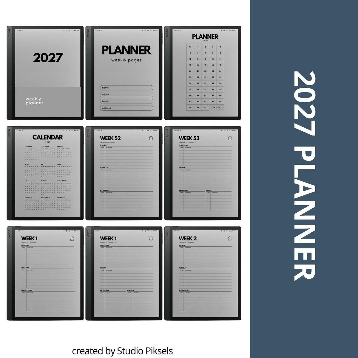 2-Year hyperlinked weekly planner bundle for BOOX devices featuring 2026 and 2027 digital planners with quarterly indexes, weekly navigation, and minimalist layouts.