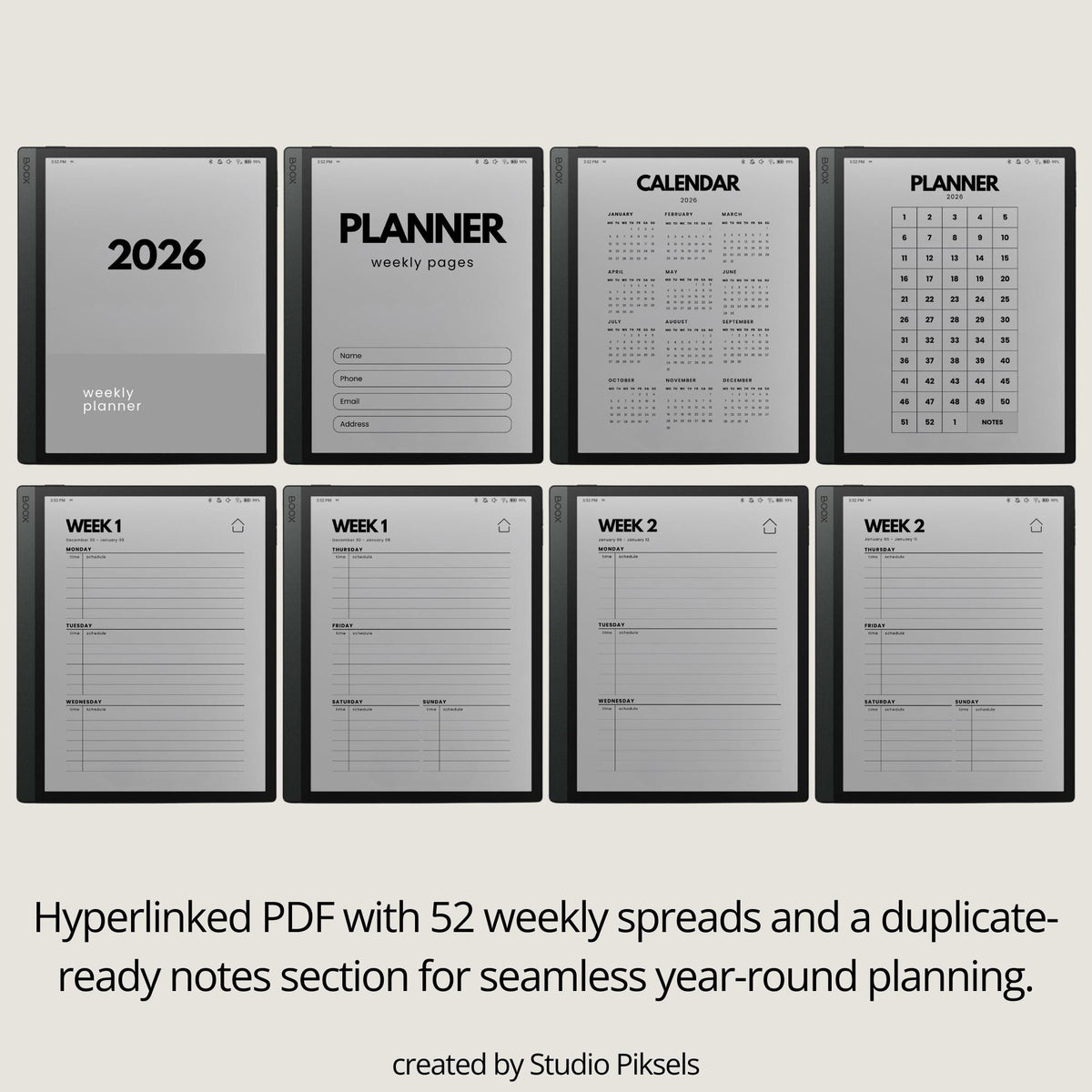 2-Year hyperlinked weekly planner bundle for BOOX devices featuring 2026 and 2027 digital planners with quarterly indexes, weekly navigation, and minimalist layouts.