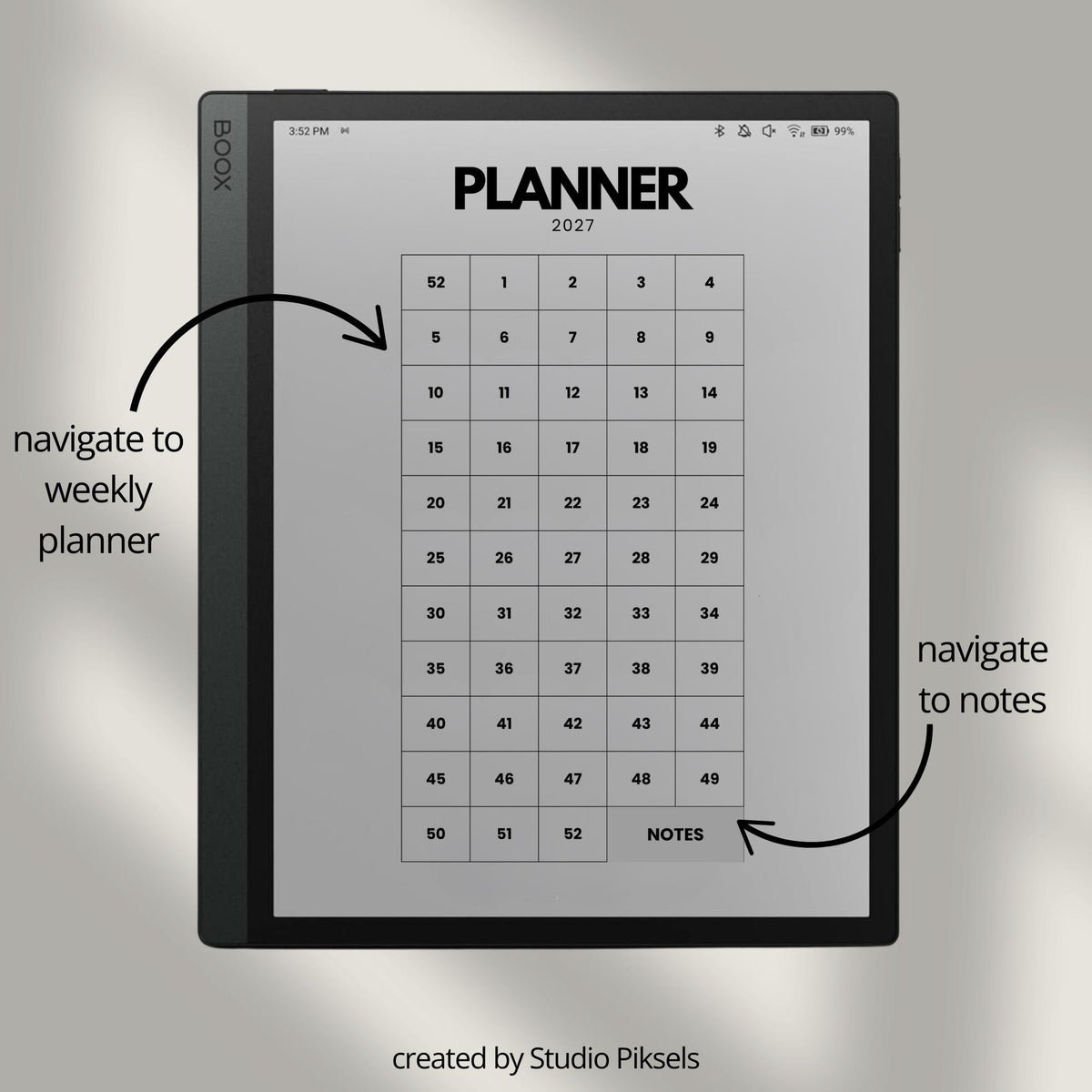 2-Year hyperlinked weekly planner bundle for BOOX devices featuring 2026 and 2027 digital planners with quarterly indexes, weekly navigation, and minimalist layouts.