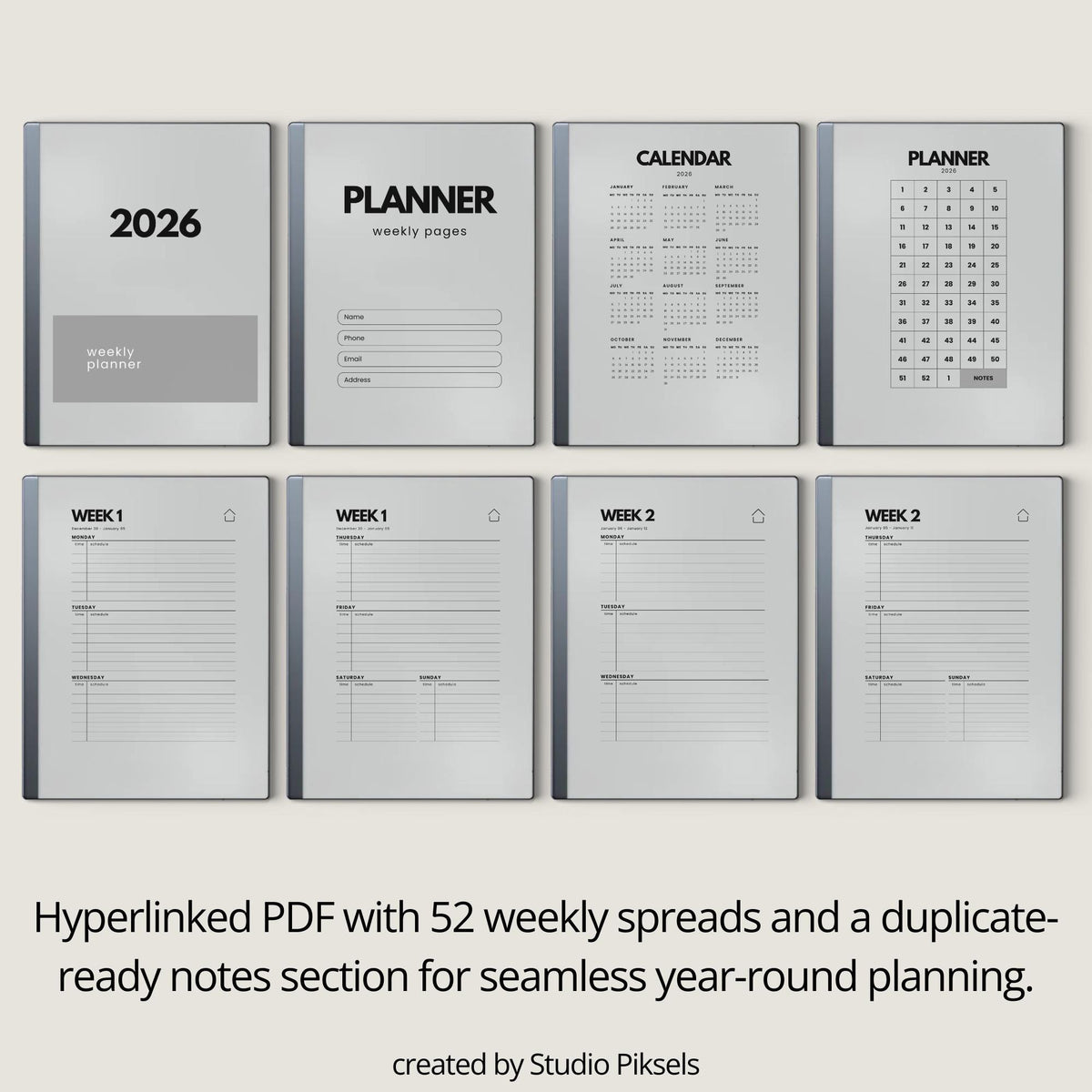 2026 + 2027 Hyperlinked Week Planner for reMarkable digital product preview.