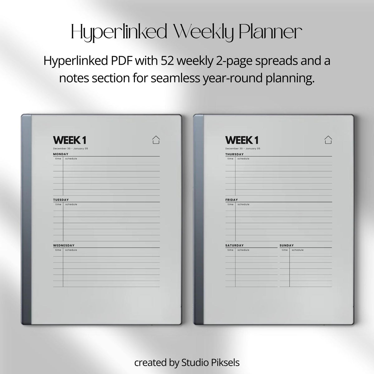 2026 + 2027 Hyperlinked Week Planner for reMarkable digital product preview.