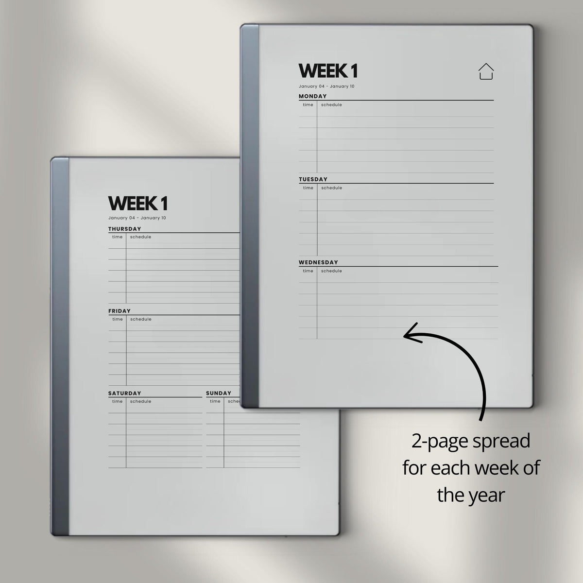 2026 + 2027 Hyperlinked Week Planner for reMarkable digital product preview.
