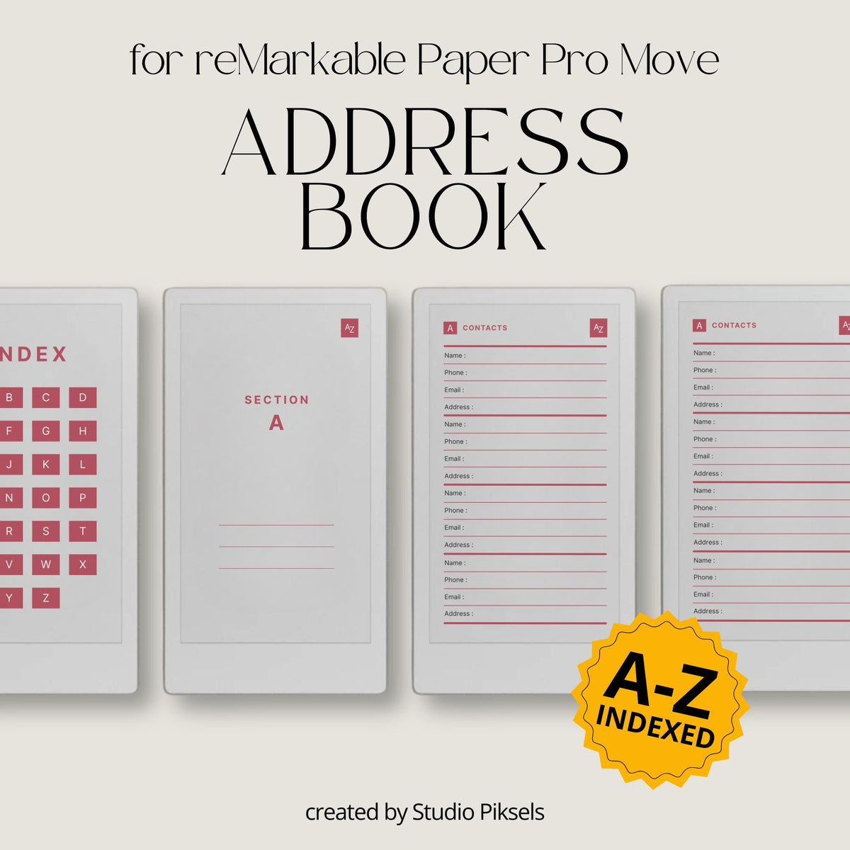 Hyperlinked digital address book for reMarkable Paper Pro Move featuring A–Z navigation, structured contact pages, and reusable layouts for storing names, emails, phone numbers, and addresses.