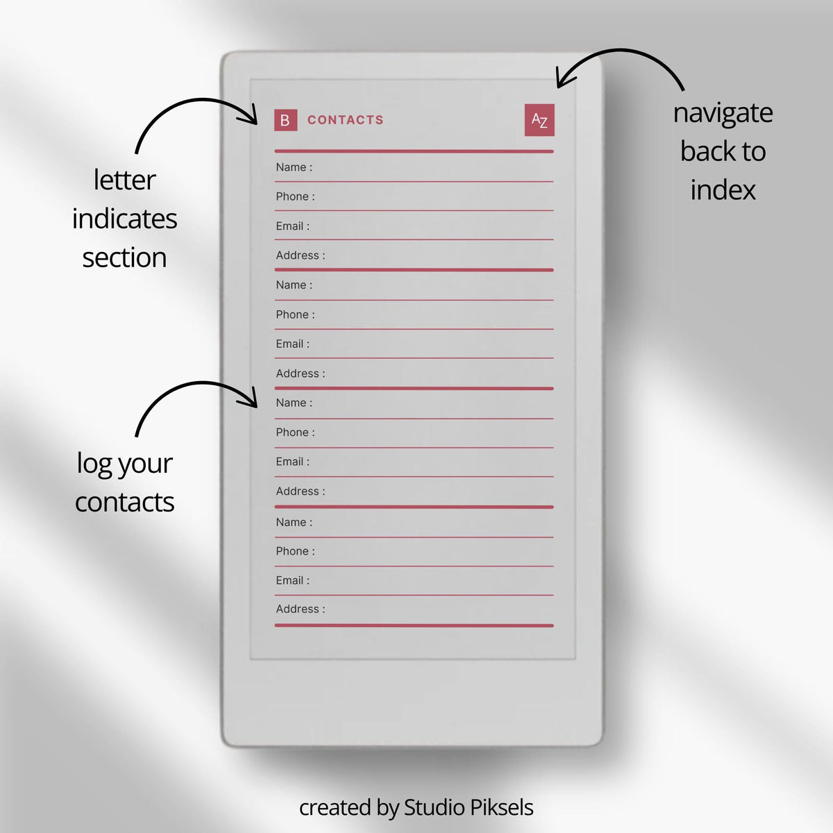 Hyperlinked digital address book for reMarkable Paper Pro Move featuring A–Z navigation, structured contact pages, and reusable layouts for storing names, emails, phone numbers, and addresses.
