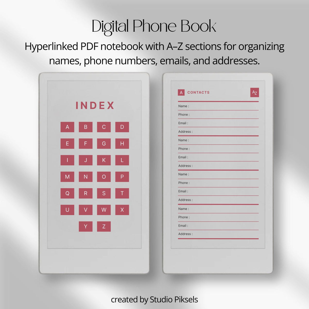 Hyperlinked digital address book for reMarkable Paper Pro Move featuring A–Z navigation, structured contact pages, and reusable layouts for storing names, emails, phone numbers, and addresses.