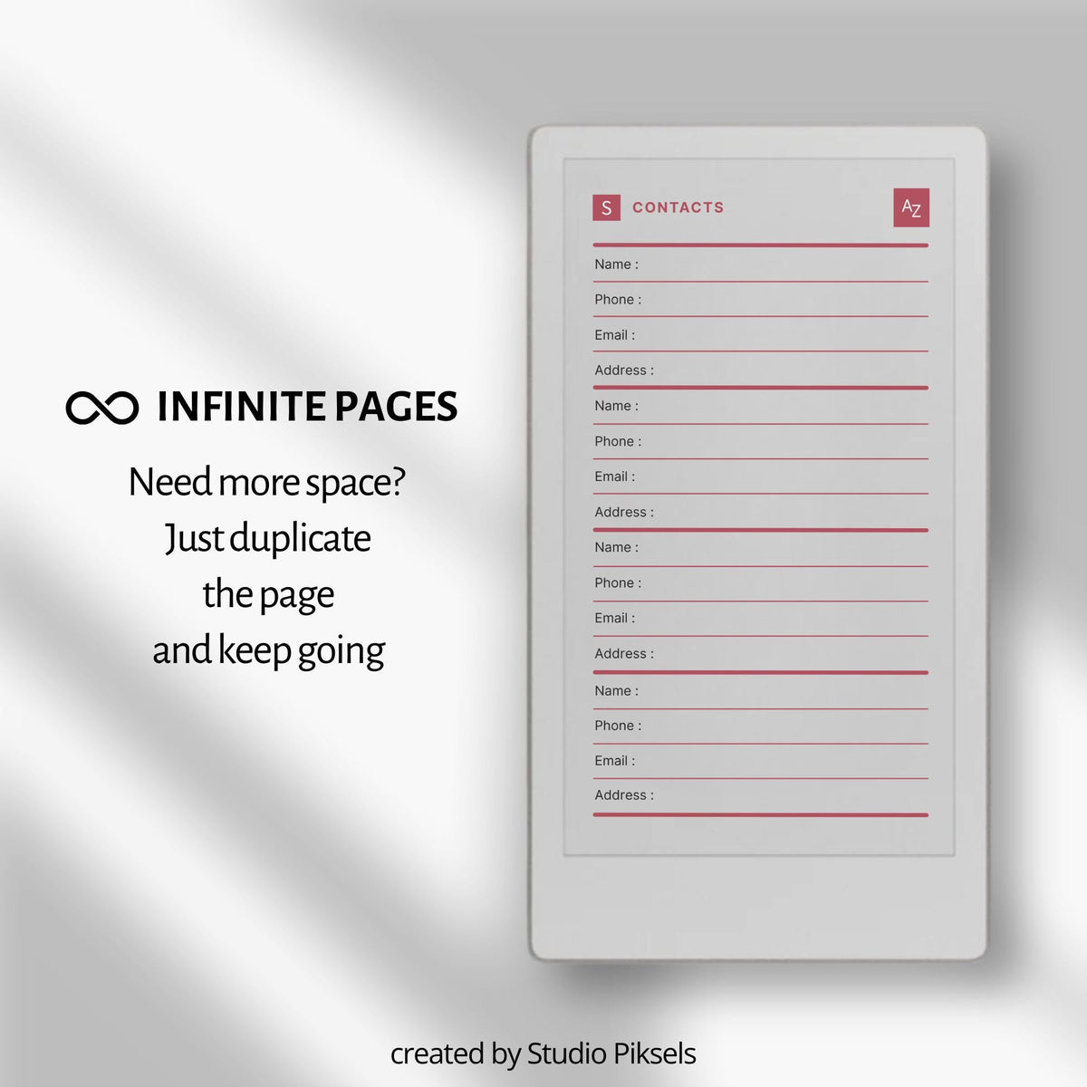 Hyperlinked digital address book for reMarkable Paper Pro Move featuring A–Z navigation, structured contact pages, and reusable layouts for storing names, emails, phone numbers, and addresses.