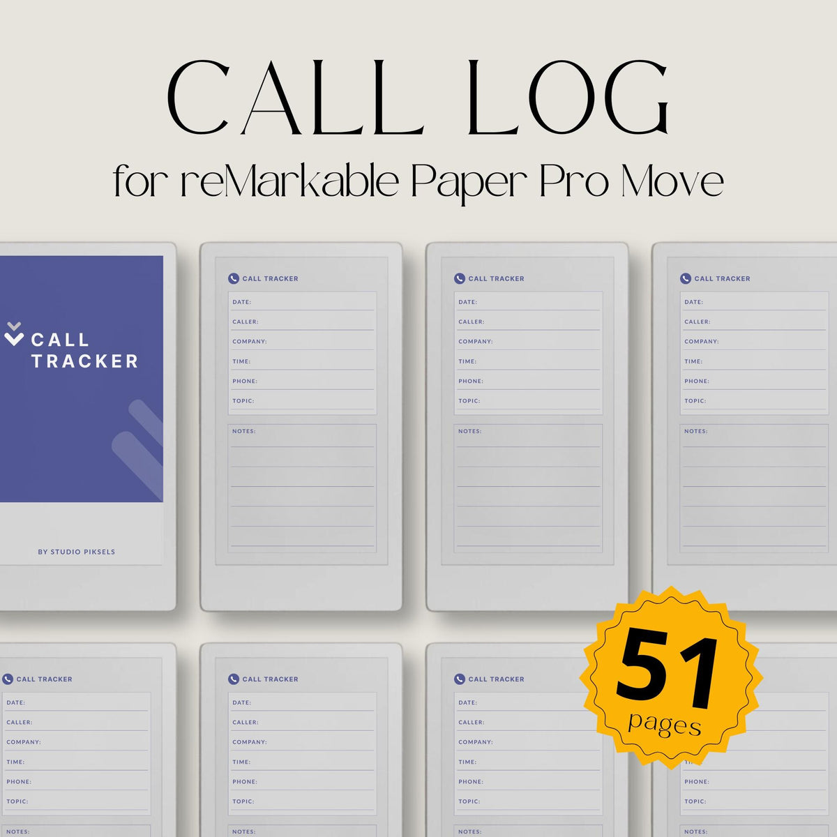 Digital Call Tracker for reMarkable Paper Pro Move featuring structured call log pages with sections for caller details, phone numbers, topics, and notes.