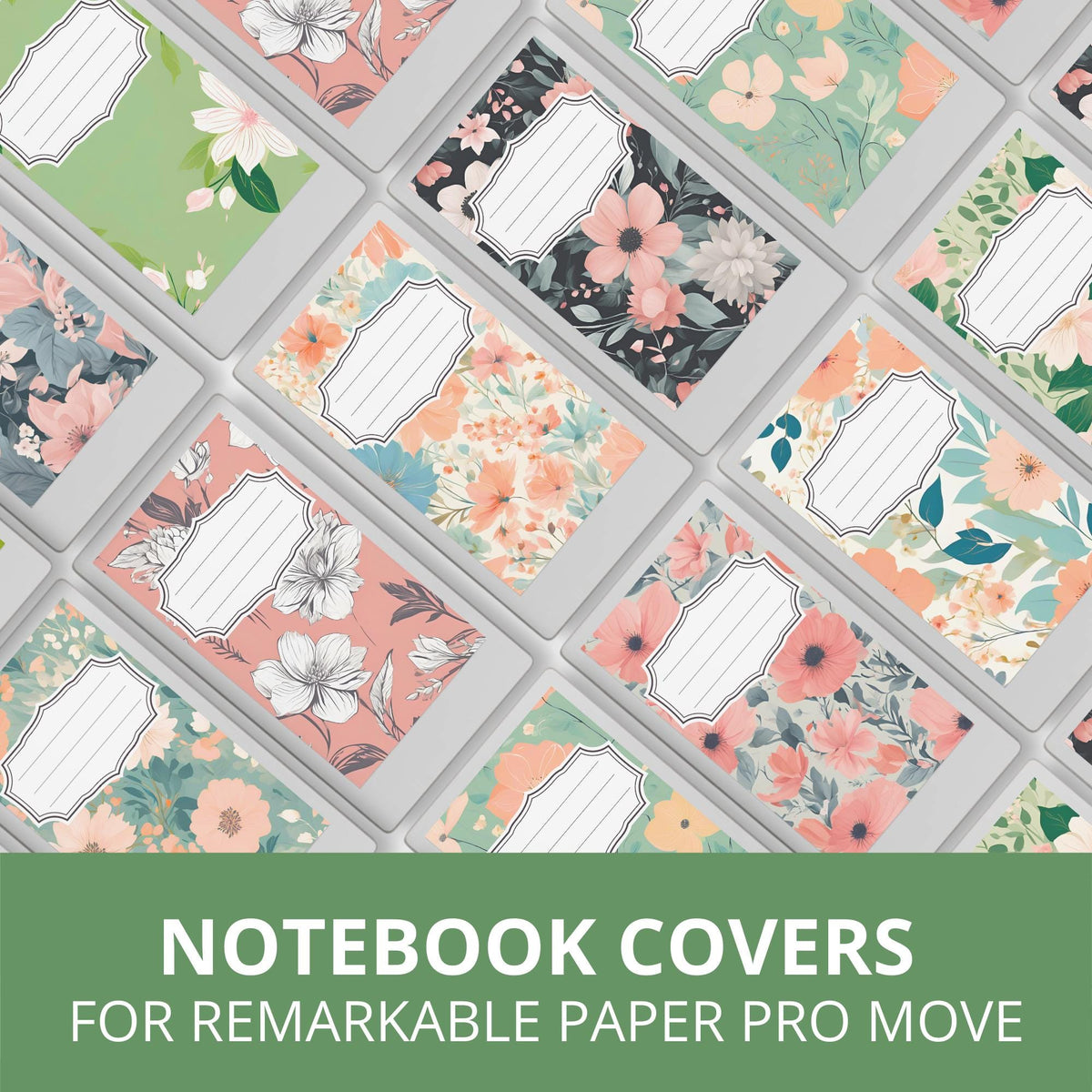 Personalize your digital notebooks with this Flower Notebook Cover Bundle designed for reMarkable Paper Pro Move. This collection includes 12 floral notebook covers featuring soft pastels, botanical patterns, and vibrant flower designs to help organize your notes with a clean and creative style.