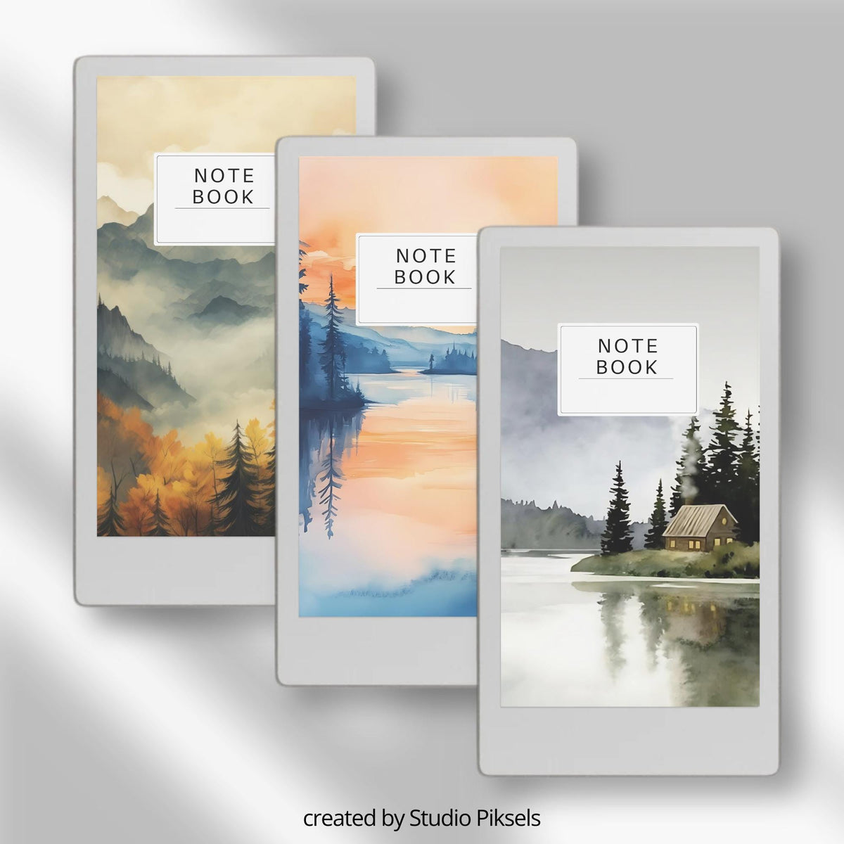 Forest notebook cover bundle for the reMarkable Paper Pro Move featuring 12 watercolor nature digital covers, landscape designs, and library organization styles.