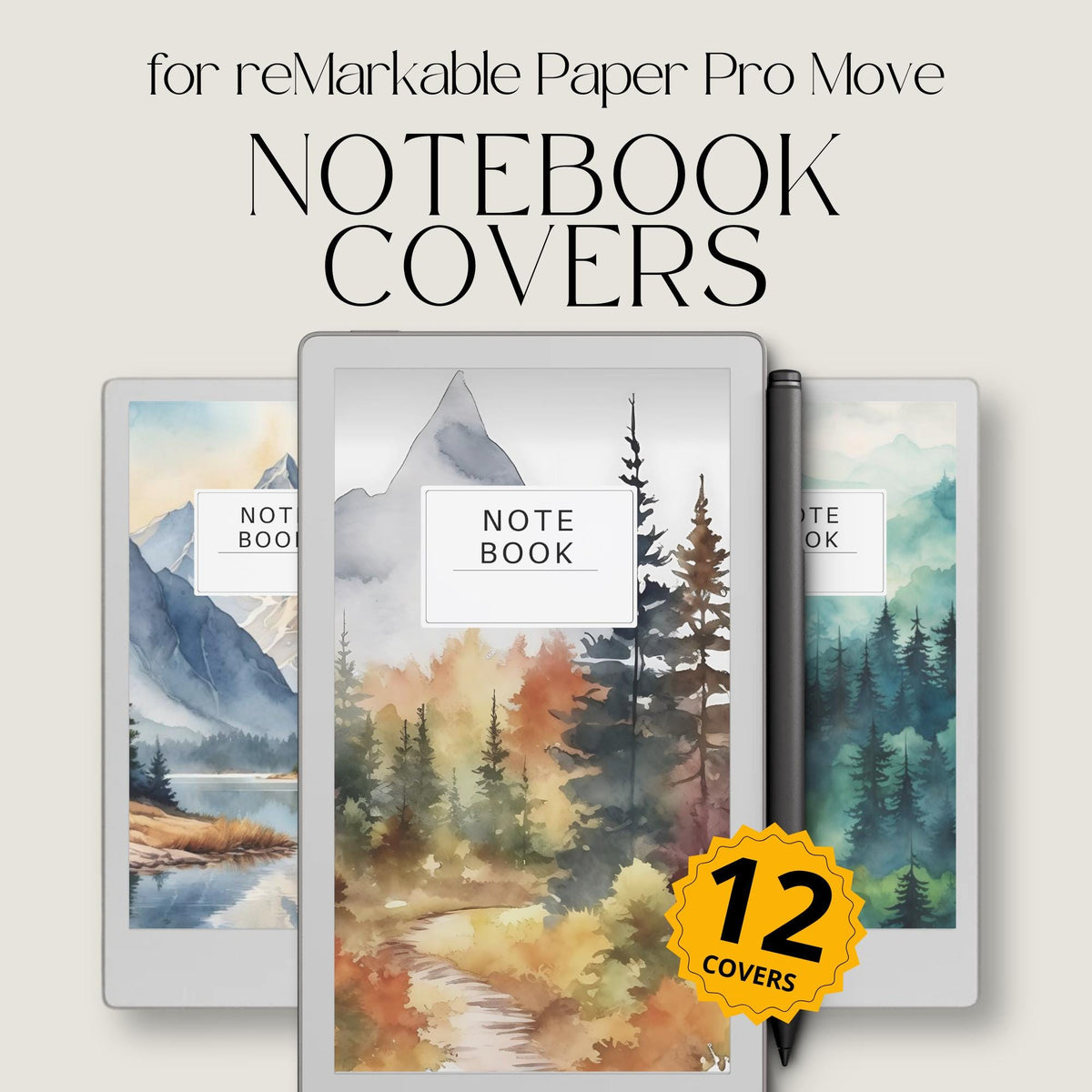 Forest notebook cover bundle for the reMarkable Paper Pro Move featuring 12 watercolor nature digital covers, landscape designs, and library organization styles.