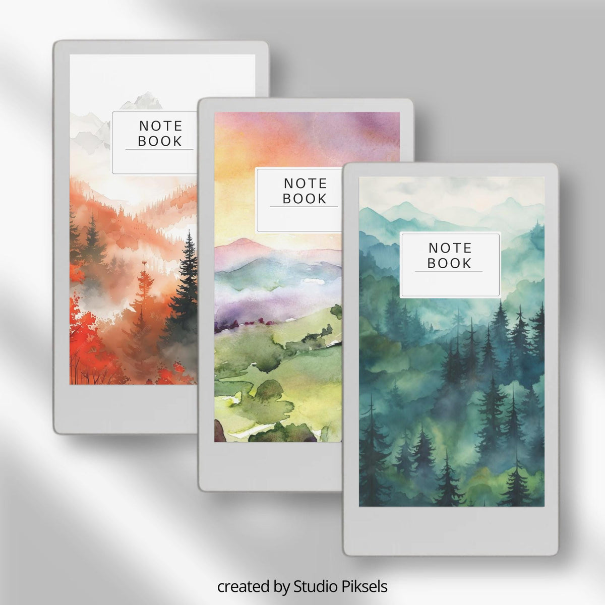 Forest notebook cover bundle for the reMarkable Paper Pro Move featuring 12 watercolor nature digital covers, landscape designs, and library organization styles.